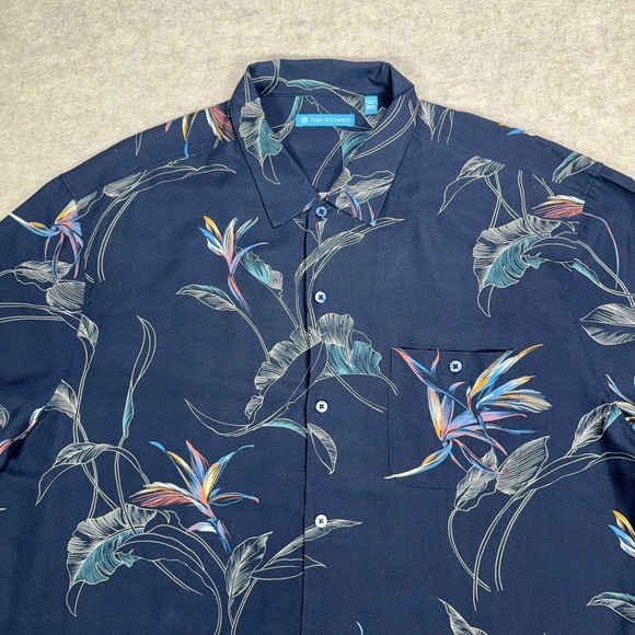 Tori Richard Shirt Mens 2XL Navy Blue Floran Hawaiian Silk Blend SS Button Up - Picture 2 of 10